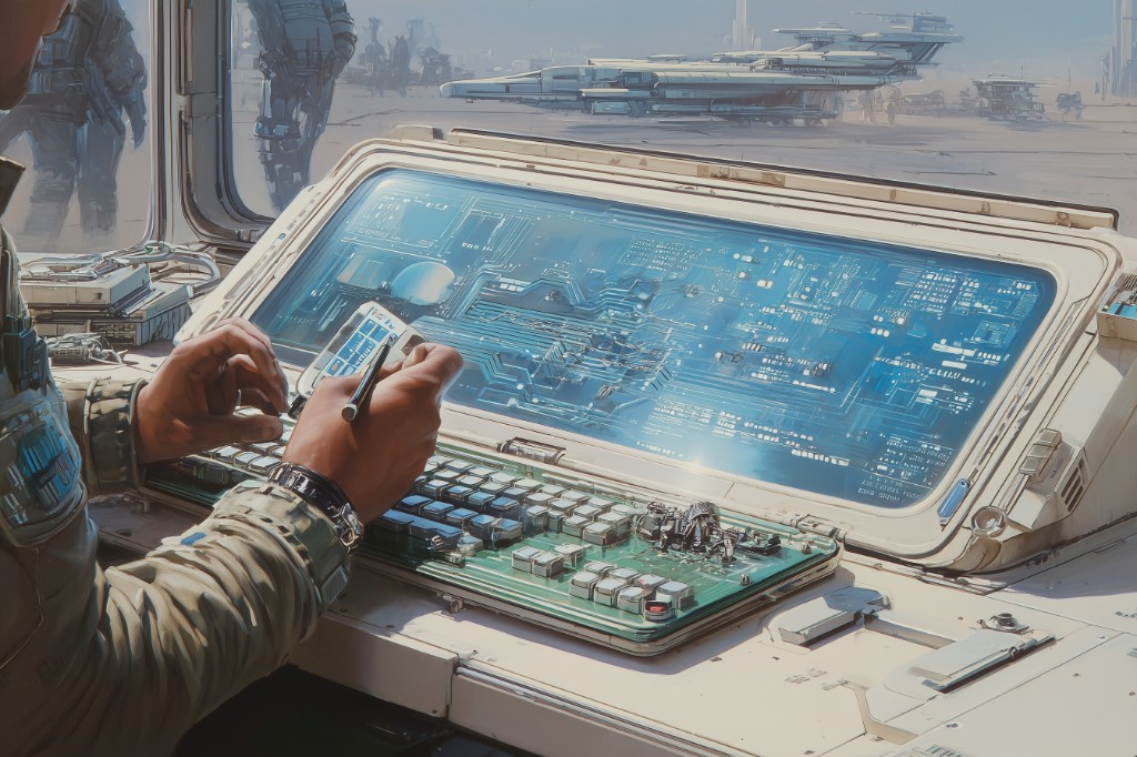Futuristic control station with advanced displays and technology